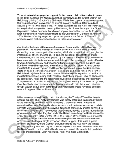 Cambridge A-Level History (9489) Paper 4 Hitler’s Germany Sample Essays