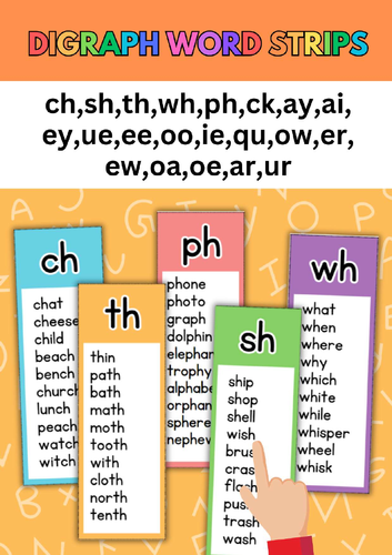 Digraph Word Strips Reading ch,sh,th,wh,ph,ck,ay,ai,ey,ue,ee,oo,ie,qu,ow,er,ew