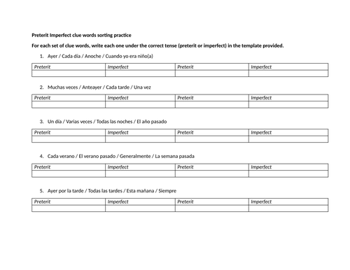 Preterit Imperfect clue words sorting practice