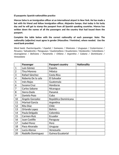 El pasaporte: Spanish nationalities practice (Las nacionaliadades)