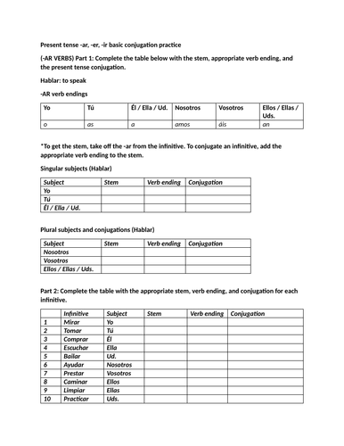 Present Tense Ar Er Ir Basic Conjugation Practice Teaching Resources 5611