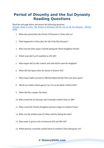 Period of Disunity and the Sui Dynasty Reading Questions Worksheet