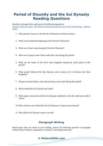 Period of Disunity and the Sui Dynasty Reading Questions Worksheet