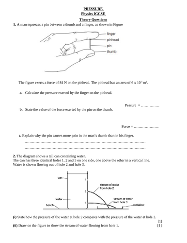 PRESSURE Theory Worksheet - Physics IGCSE/ O level