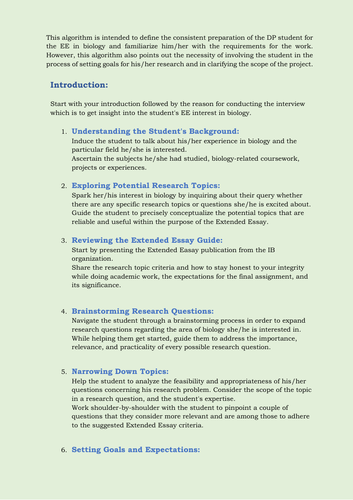 Algorithm for conducting the first interview with an EE biology student