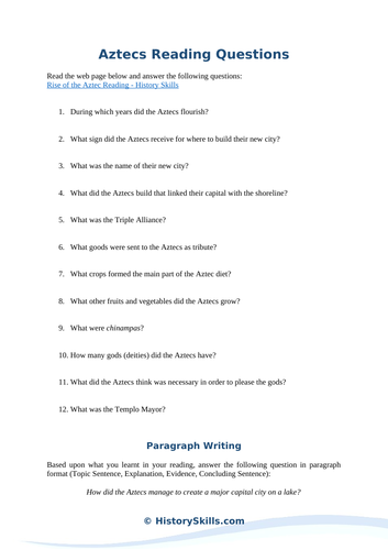 Rise of the Aztec Empire Reading Questions Worksheet