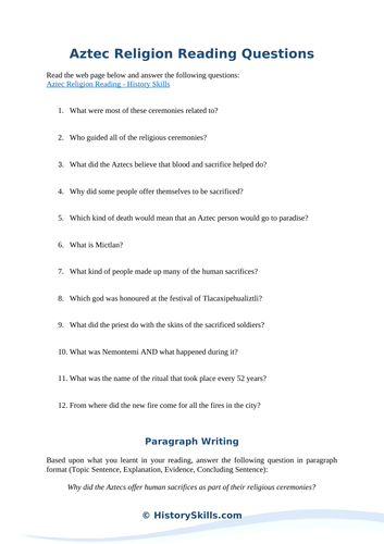 Aztec Religion Reading Questions Worksheet