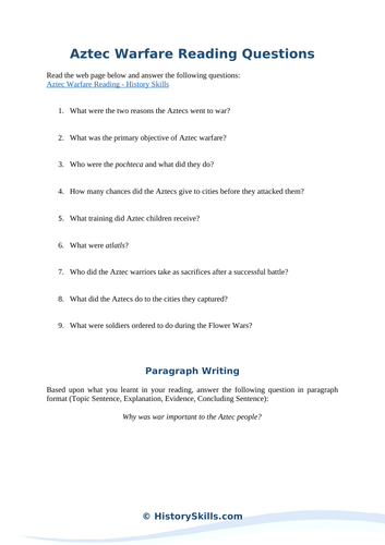 Aztec Warfare Reading Questions Worksheet