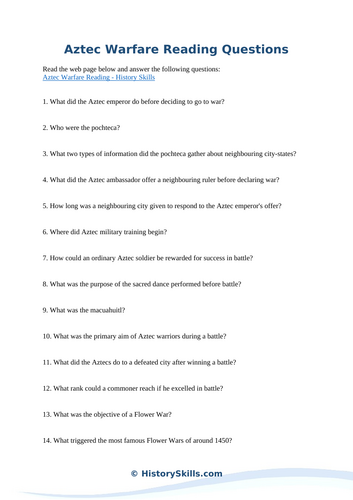 Aztec Warfare Reading Questions Worksheet