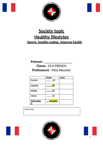 French S3 assessments healthy lifestyles