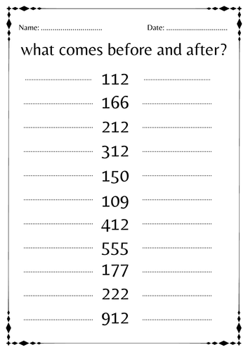 what comes 3 digit numbers before and after worksheet for kindergarten