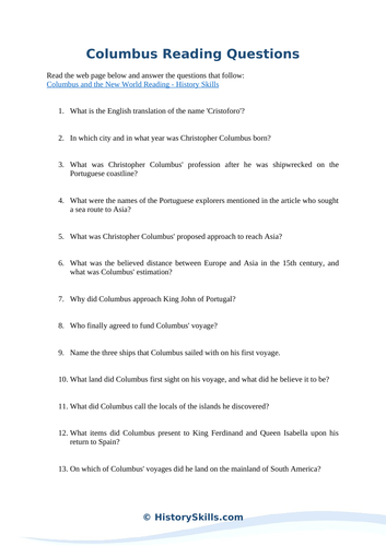 Christopher Columbus Reading Questions Worksheet