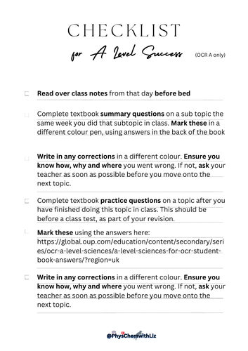 OCR science only: Checklist for A Level success