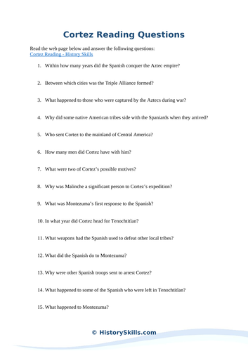 Cortez and the Fall of the Aztecs Reading Questions Worksheet
