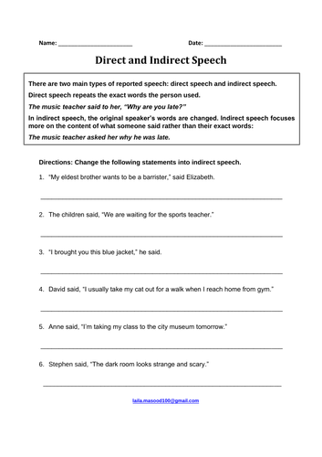 Direct and Indirect Speech-Exercise Worksheet