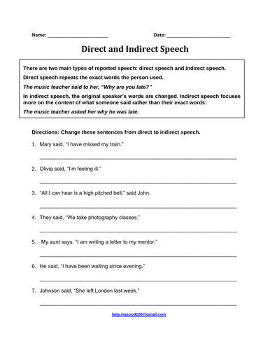 Direct and Indirect Speech-Exercise Worksheet