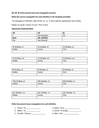 AR, ER, IR verbs present tense fast conjugation practice