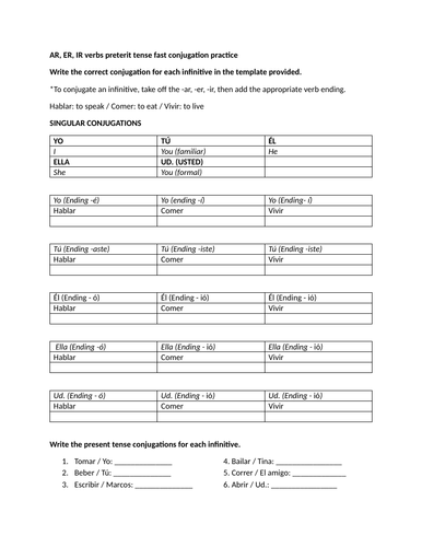 AR, ER, IR verbs preterit tense fast conjugation practice