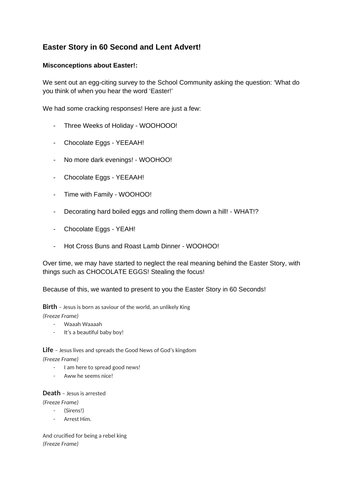 Original Comedy Sketch - The Easter Story in 60 seconds and Advert about Lent!