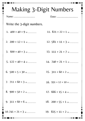 Place value 3 digit numbers worksheets - making 3-digit numbers