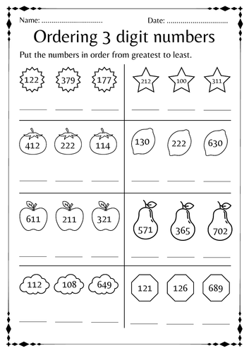 Ordering 3 digit numbers from least to greatest math worksheet