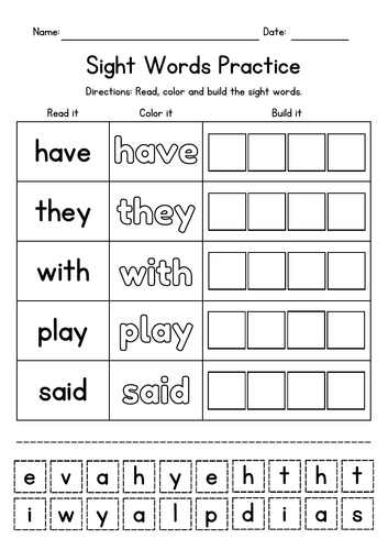 Sight Words Practice - Read, Color & Build - Cut & Paste Worksheets