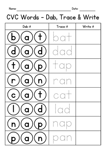 CVC Words Worksheets - Dab, Trace and Write - Fluency Practice
