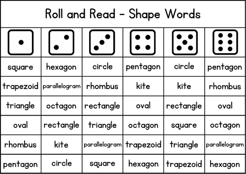 Roll and Read Shapes - Geometry Game Cards - Reading Activities