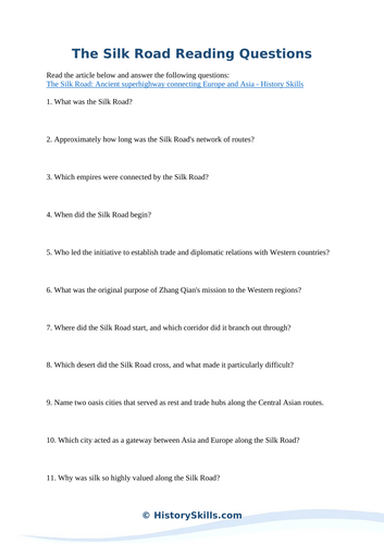 The Silk Road Reading Questions Worksheet