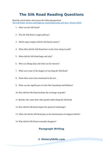 The Silk Road Reading Questions Worksheet
