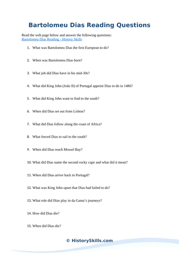 Bartolomeu Dias Reading Questions Worksheet