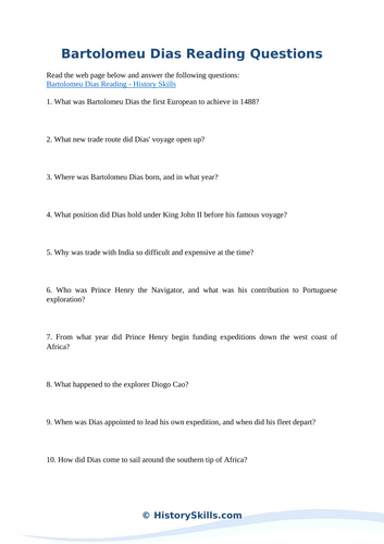Bartolomeu Dias Reading Questions Worksheet