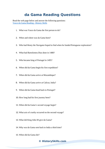 Vasco da Gama Reading Questions Worksheet