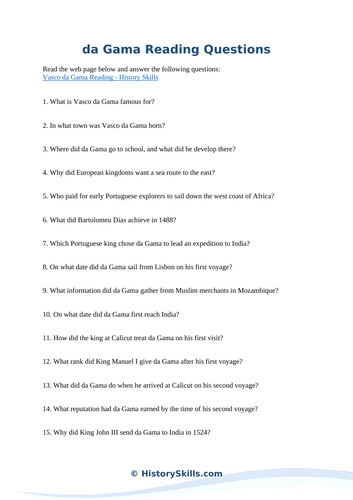 Vasco da Gama Reading Questions Worksheet