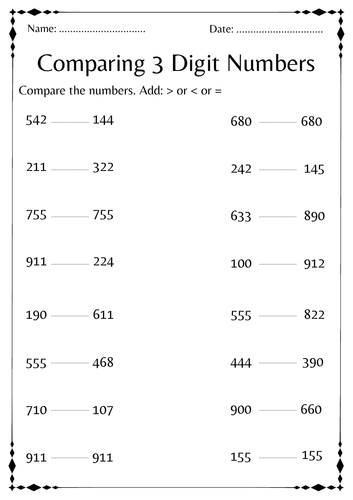 comparing 3-digit numbers activities math worksheet for kindergarten