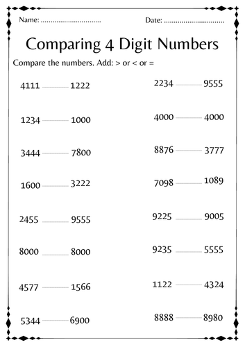 Comparing 4 digit numbers activities math worksheet for kindergarten