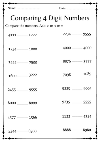 Comparing 4 digit numbers activities math worksheet for kindergarten ...