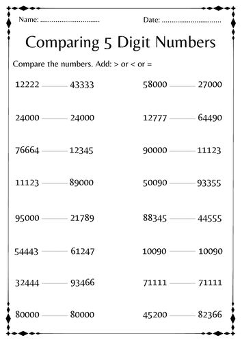 Comparing 5 digit numbers activities math worksheet for kindergarten