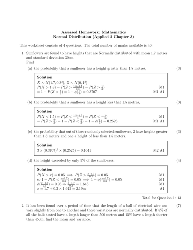 Edexcel Applied 2 Chapter 3 Homework - Normal Distribution