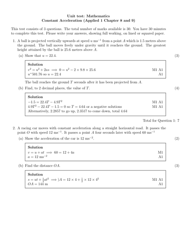 Edexcel Applied 1 Chapter 8 and 9 Unit Test - SUVAT and Speed time graphs