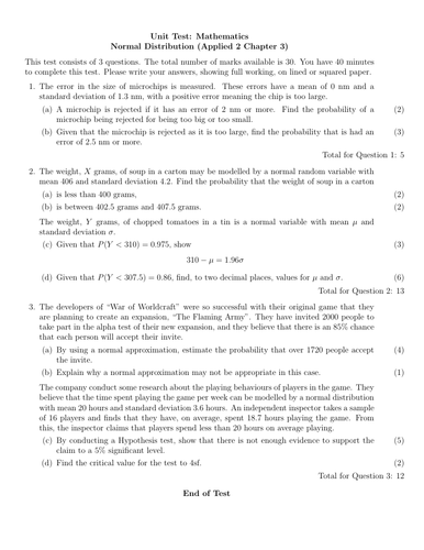 Edexcel Applied 2 Chapter 3 Unit Test - Normal Distribution