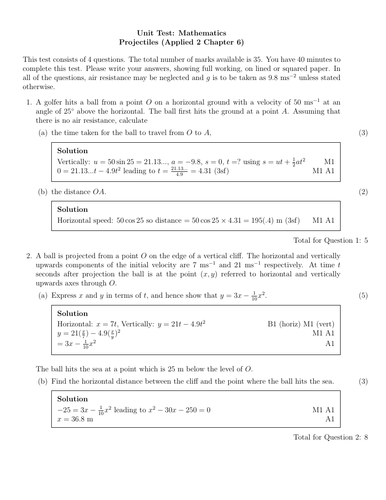 Edexcel Applied 2 Chapter 6 Unit Test - Projectiles