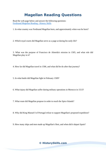 Ferdinand Magellan Reading Questions Worksheet