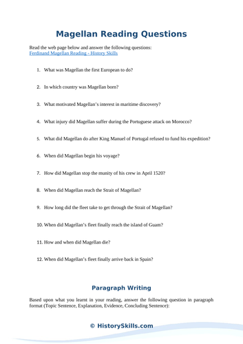 Ferdinand Magellan Reading Questions Worksheet