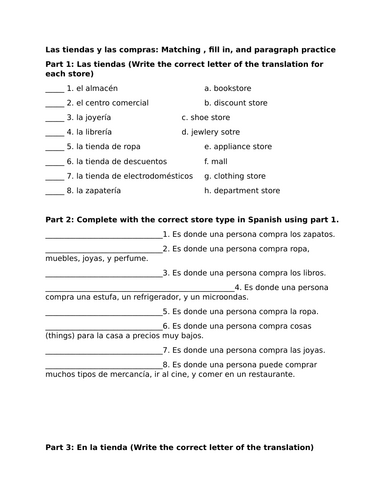 Las tiendas y las compras: Matching , fill in, and paragraph practice