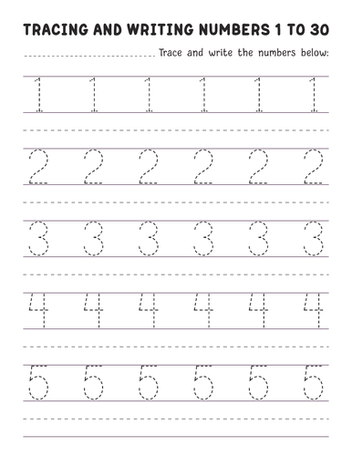 Tracing And writing Numbers 1-30 worksheets