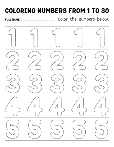 Coloring Numbers 1-30 worksheets