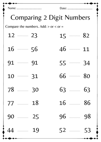 Comparing 2 digit numbers activities math worksheet for kindergarten