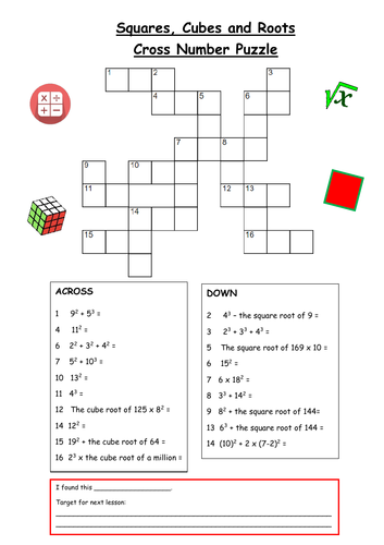 Squares, Cubes, and Roots Lesson and Cross Number Activity