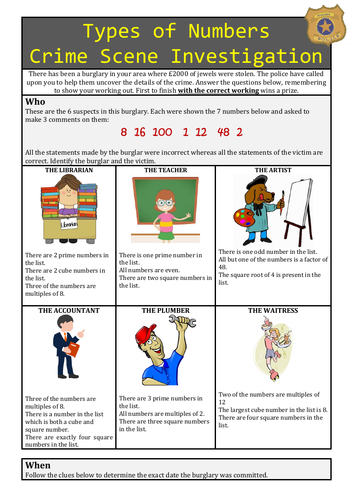 Factors, Multiples, Primes, Roots, Squares and Cubes Murder Mystery